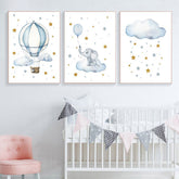 TPFLiving Poster Leinwand / Elefantenbaby, Luftballon, Sterne, Heißluftallon - Für Kinderzimmer - / Verschiedene Größen - OHNE Rahmen - Modell 3-pieces